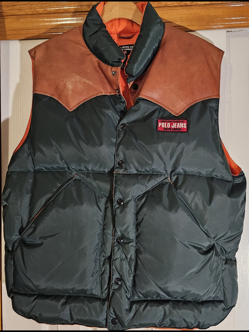 Polo Jeans by Ralph Lauren Dark Green & Cognac Brown Puffer Vest Large